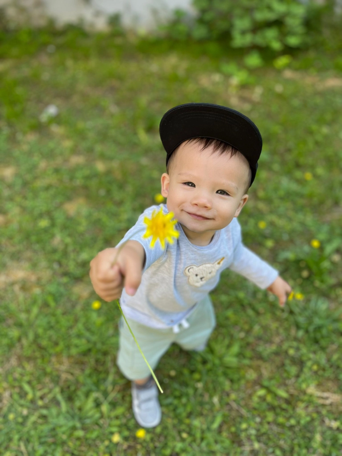 ein süßes kleines Kind, das eine gelbe Blume in der Hand hält von Tagesmutter